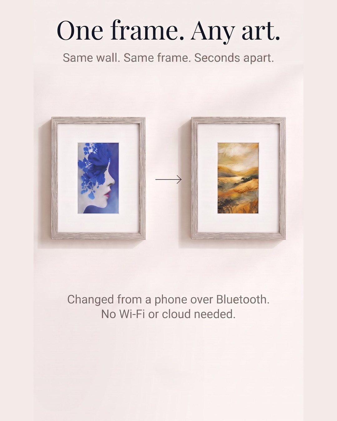 The same CanvasBT frame on the wall showing two different artworks minutes apart