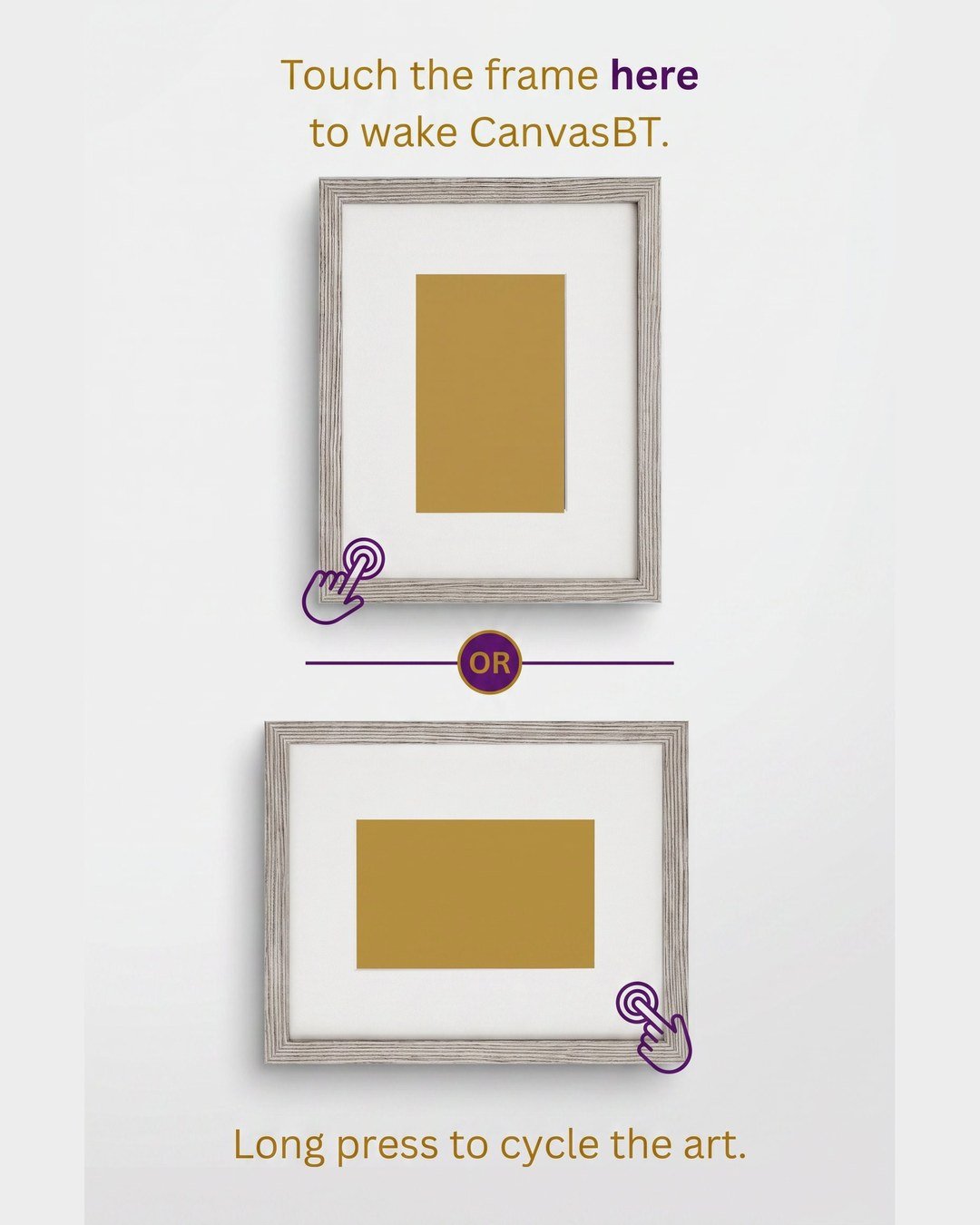 A CanvasBT frame shown in portrait and landscape, with a hand touching the frame corner to wake it and long-pressing to cycle the art